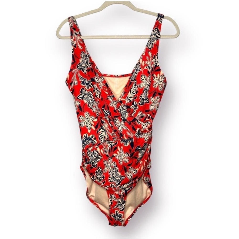 Garnet Hill Women's Ruched Crossover One-Piece Swimsuit
Red Tan Floral size 12 - Picture 11 of 13